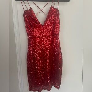 Red sequined mini dress